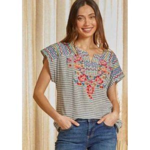 Savanna Jane Blooming Promises Embroidered Top Floral Boho Gray White‎ Small